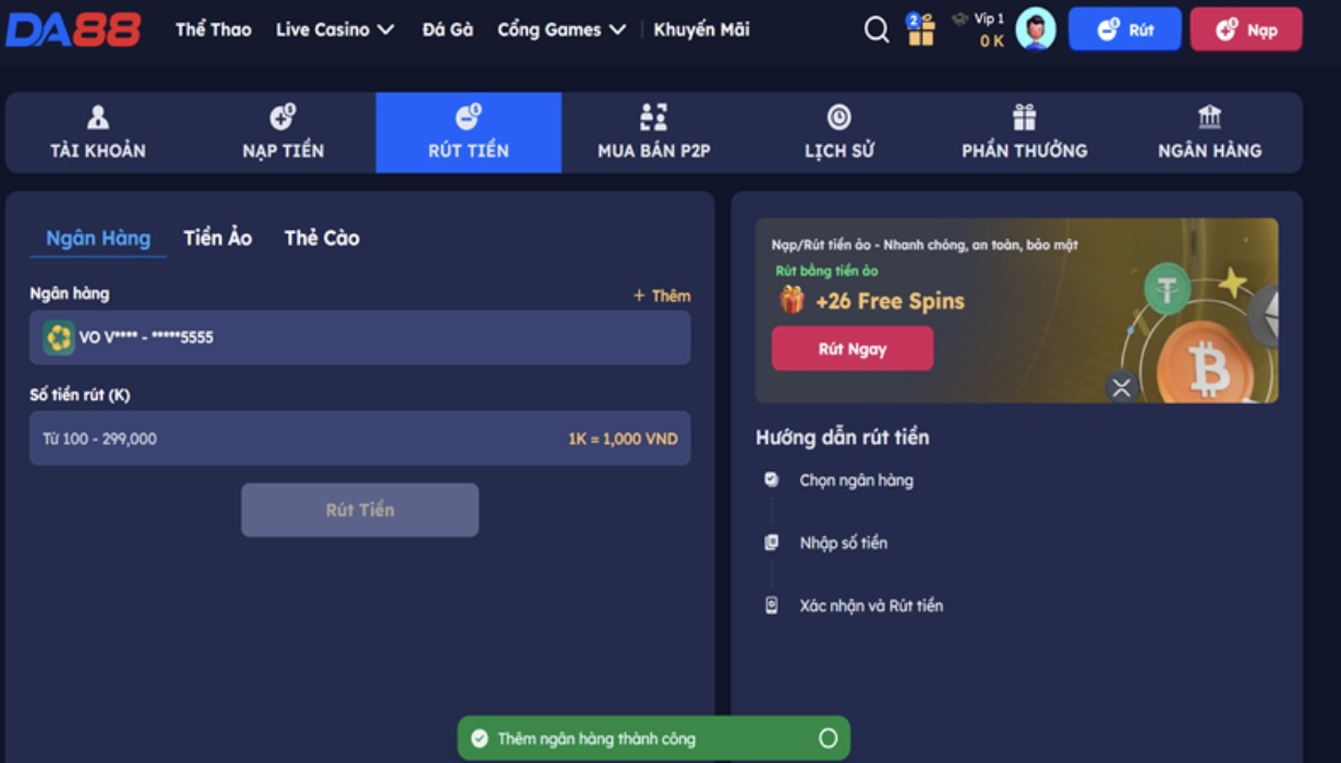 Hướng dẫn các bước rút tiền DA88 cơ bản
