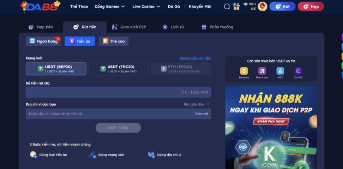 Hướng dẫn nạp rút tiền trên nhà cái DA88
