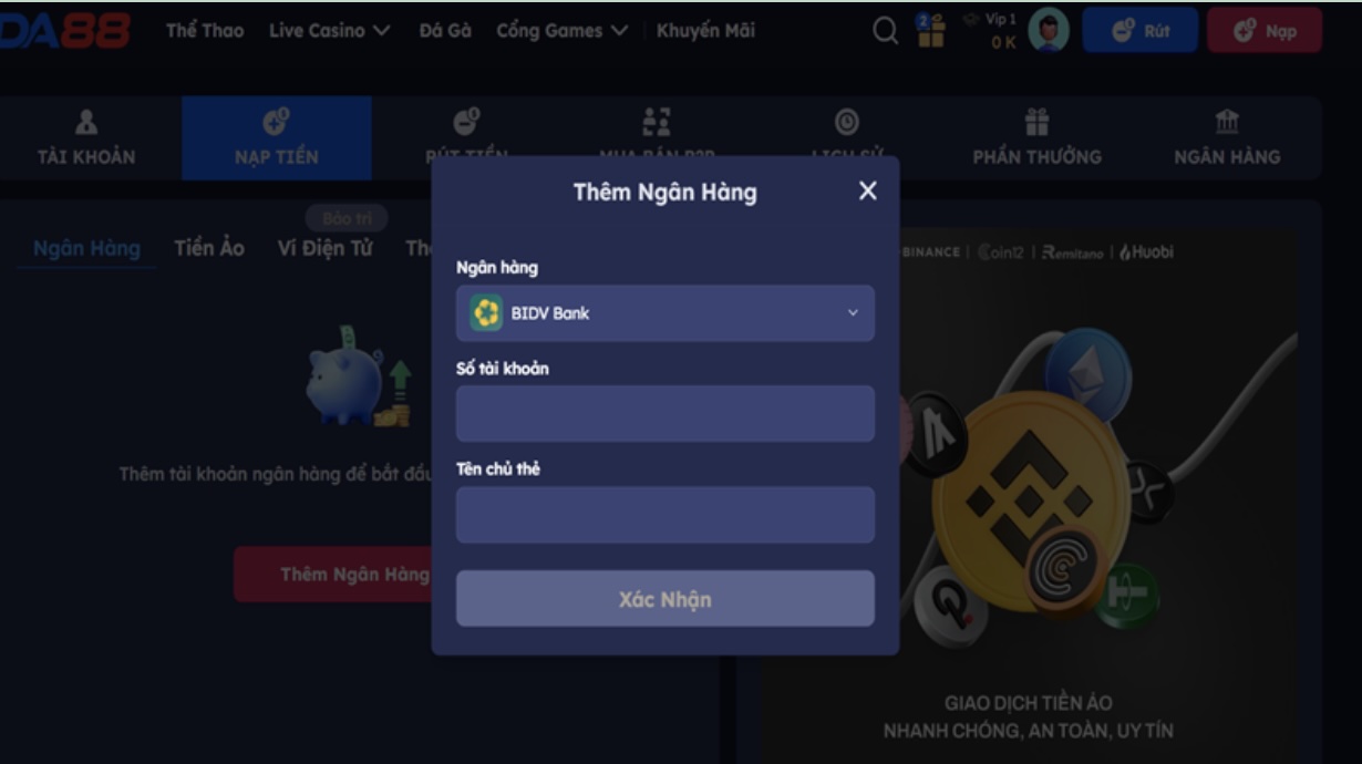 Hướng dẫn nạp tiền DA88 cho người mới
